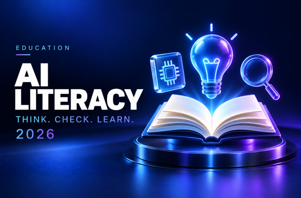 Open book with a glowing lightbulb, processor icon, and magnifying glass illustrating AI literacy and critical thinking in education