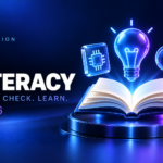 Open book with a glowing lightbulb, processor icon, and magnifying glass illustrating AI literacy and critical thinking in education