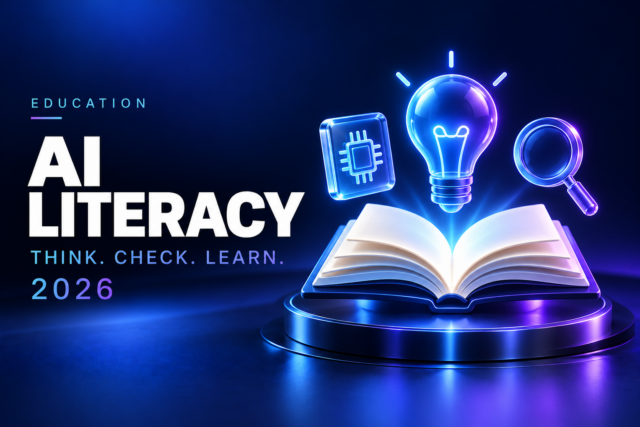 Open book with a glowing lightbulb, processor icon, and magnifying glass illustrating AI literacy and critical thinking in education