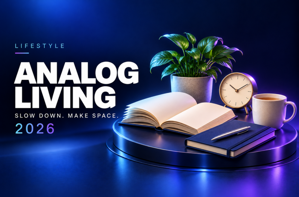 Open book, journal, pen, analog clock, tea mug, and plant illustrating screen-free analog living