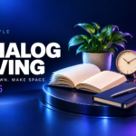 Open book, journal, pen, analog clock, tea mug, and plant illustrating screen-free analog living