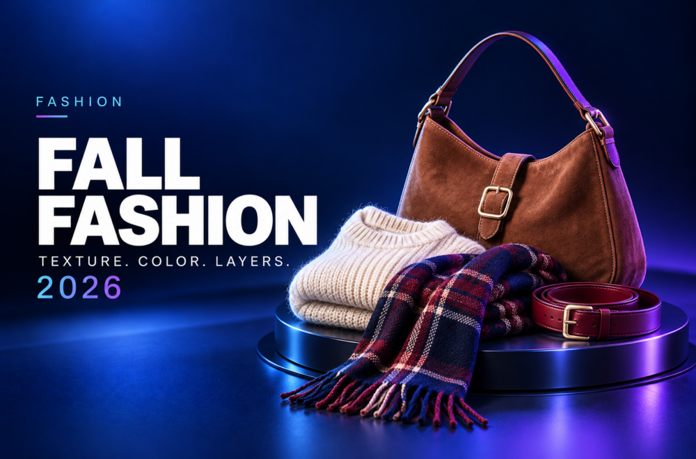 Brown suede bag, ivory knit sweater, plaid scarf, and red belt illustrating fall 2026 fashion trends