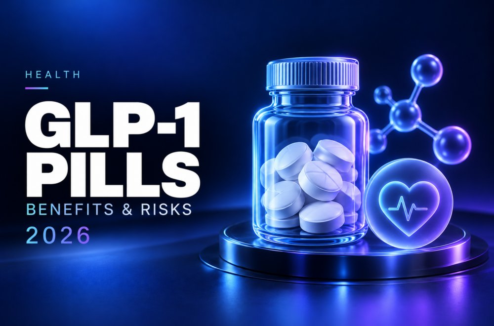 Illustrated medicine bottle and tablets beside a heart symbol, representing the benefits and risks of GLP-1 weight-loss pills