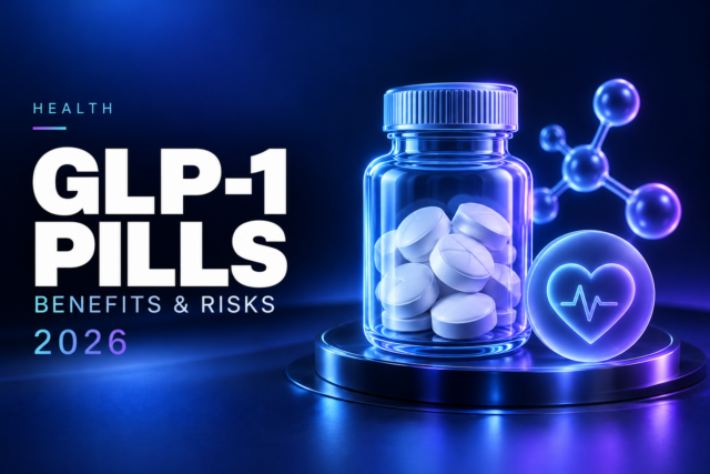 Illustrated medicine bottle and tablets beside a heart symbol, representing the benefits and risks of GLP-1 weight-loss pills