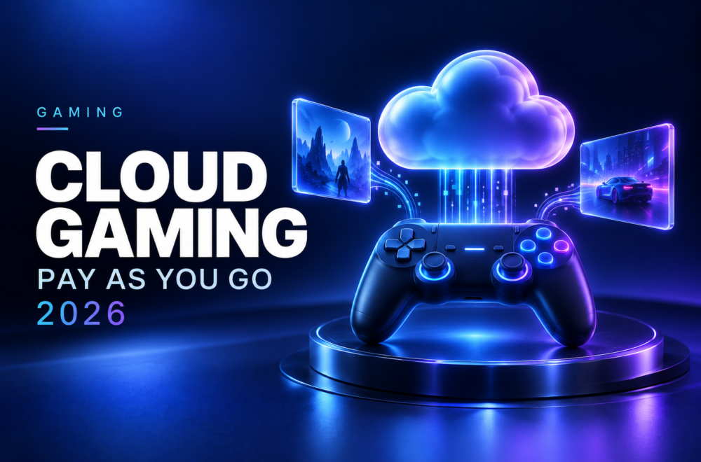 Glowing cloud above a game controller and floating screens, illustrating pay-as-you-go cloud gaming in 2026
