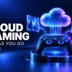 Glowing cloud above a game controller and floating screens, illustrating pay-as-you-go cloud gaming in 2026