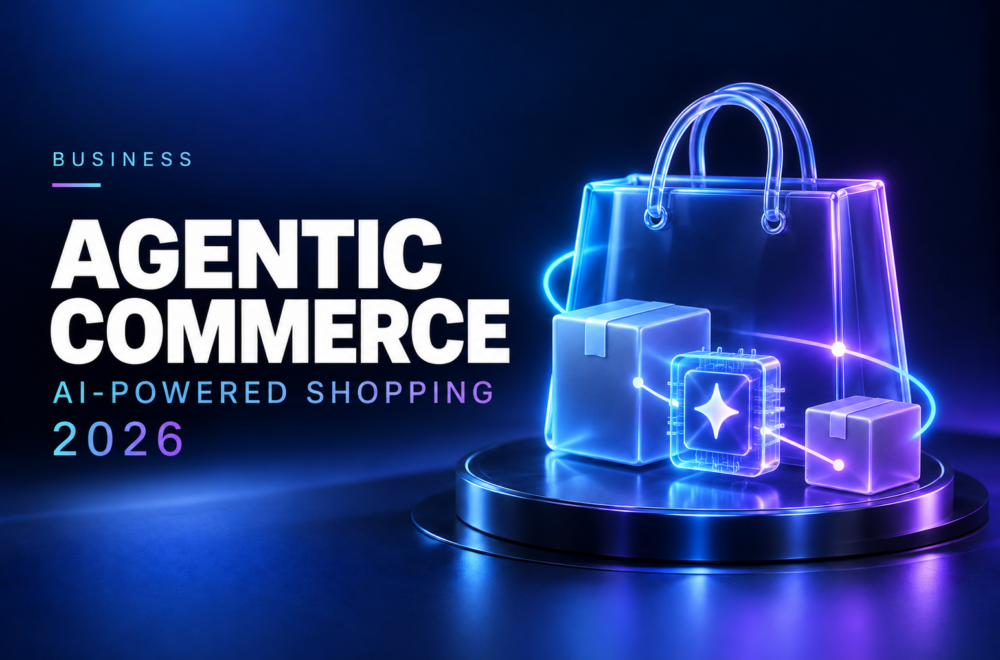 Glowing shopping bag, parcels, and an AI processor illustrating agentic commerce for small businesses.