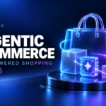 Glowing shopping bag, parcels, and an AI processor illustrating agentic commerce for small businesses.