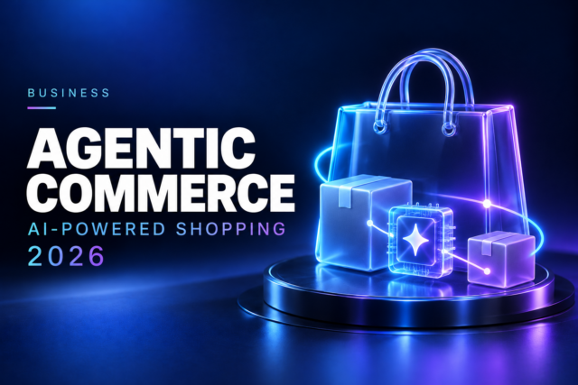 Glowing shopping bag, parcels, and an AI processor illustrating agentic commerce for small businesses.