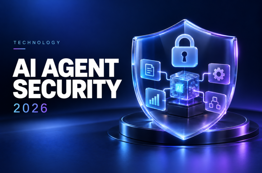 AI processor and connected workflow icons protected by a glowing security shield