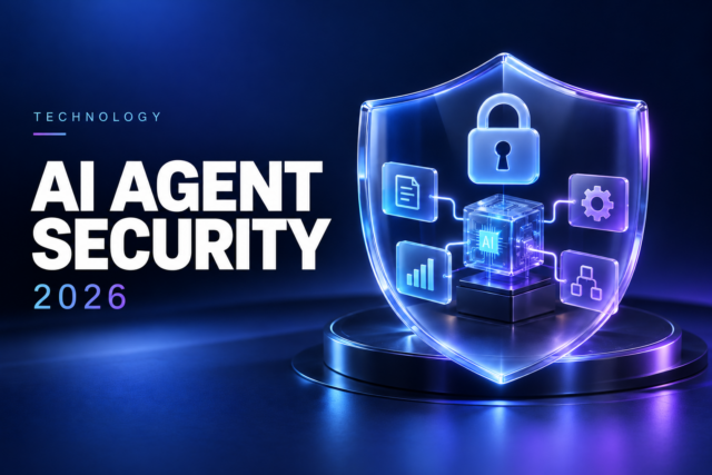 AI processor and connected workflow icons protected by a glowing security shield